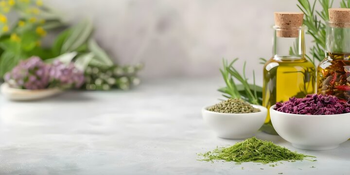 Ayurvedic tools and herbs for a nourishing oil blend preparation. Concept Ayurvedic Tools, Herbal Ingredients, Nourishing Oil Blend, Preparation Methods