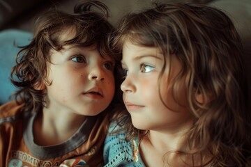 A younger child lays on top of their older sibling, who gazes back adoringly, A younger sibling looking up adoringly at their older sibling