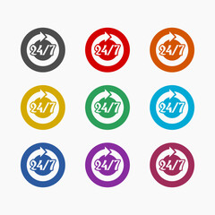 Open 24 7 hour icon isolated on white background. Set icons colorful