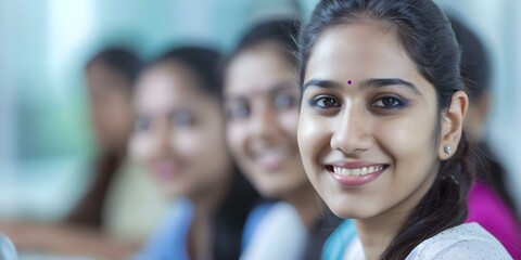Obraz premium Group of Indian female students studying in university classroom. Concept University Classes, Indian Students, Female Education, Campus Life, Classroom Studies