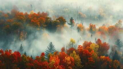 Autumn forest landscape. Nature s trees in fog. Misty fall season, morning beauty. Green park, scenic travel. Mountain wilderness, light foliage. Red and yellow leaves, outdoors