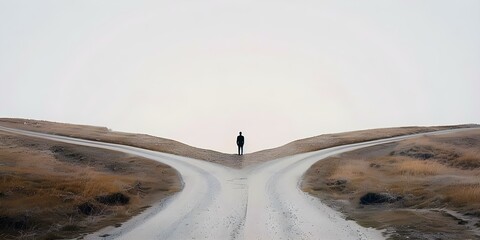Person at fork in road symbolizes choosing between two paths. Concept Decision Making, Choices, Crossroads, Life Direction, Uncertainty