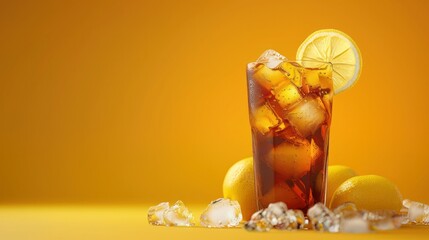 Refreshing iced tea with lemon slice in a glass, surrounded by ice cubes and whole lemons, on a vibrant yellow background.