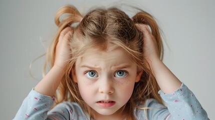 Nervous Child on Pastel Gray Background Expressing Emotion and Concern