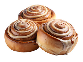 Fototapeta premium American Cinnamon Rolls Freshly baked cinnamon rolls with cream cheese icing, isolated on background