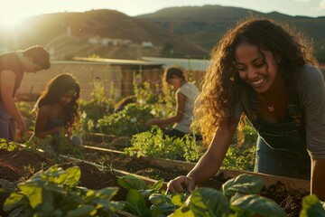 A diverse group of young people work together in a community garden, planting and tending to vegetables at sunset. In the background is an ecofriendly farm with mountains and sun rays. The woman in th