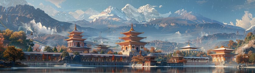 Serene landscape of traditional Asian architecture set against majestic mountains and a tranquil lake, showcasing natural beauty and cultural heritage.