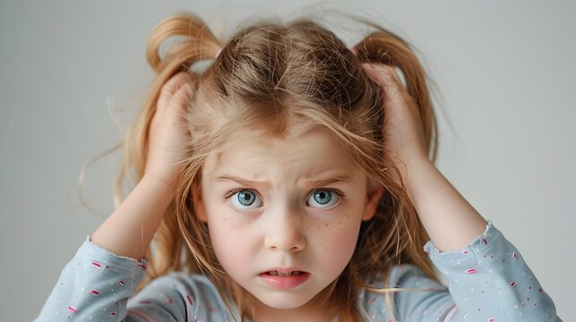 Nervous Child on Pastel Gray Background Expressing Emotion and Concern