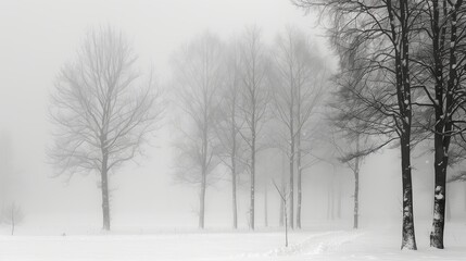 Winter cold landscape. White snow on trees, seasonal nature. Frosty weather in forest park. Frozen ice scene, foggy blue outdoors. Scenic misty beauty, morning sky. Rural view,