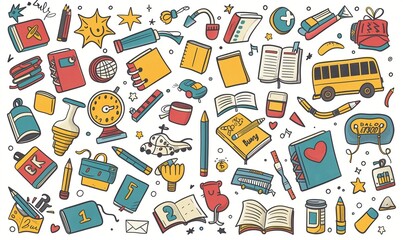 Hand drawn cartoon school elements pattern. Back to School elements doodle cartoon school icons and objects on a white background.