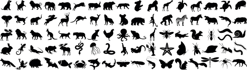 Animal silhouette vector set includes elephant, deer, dog, cat, fish, insects, reptiles, birds, marine creatures, perfect for design, wildlife projects, educational materials, children’s books