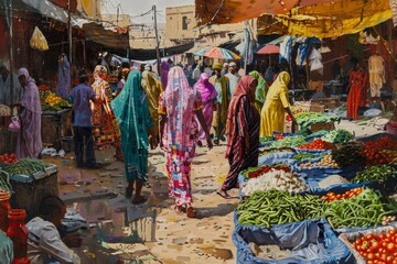 A painting depicting a group of individuals moving through a busy market scene filled with stalls and vendors, Absorbing the vibrant colors of a bustling marketplace