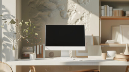 Stylish modern mockup of a computer monitor. A computer monitor is mounted on a white wooden table in a room with white walls and a large window