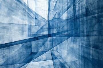 A striking blue abstract painting featuring a dynamic composition of lines, angles, and shapes, Abstract composition of lines and angles in a blueprint format