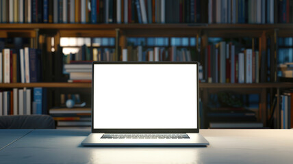 A mockup of an open laptop sitting on a table in the library. There is a stylish laptop on the desk in front of the bookshelf
