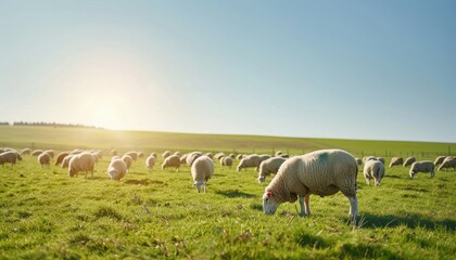 Obraz premium A tranquil scene of sheep grazing on a lush green pasture under a clear blue sky with the sun shining in the background.