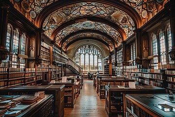 Old library interior. Historical architecture landmark. Famous university building, gothic design. Books and travel in Europe. Educational ceiling, ancient hall. Decoration in
