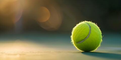 Yellow tennis ball on court in sunlight symbolizing victory and achievement. Concept Victory, Achievement, Tennis, Sunlight, Yellow