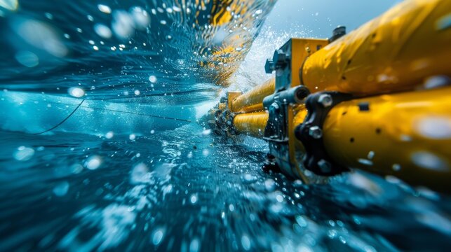 Close-up image of specialized equipment lowering a section of electric power cable into the sea