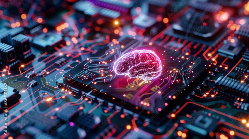 Poster a close-up image of a glowing brain icon positioned above a cpu, surrounded by interactive holograph