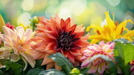 A Dahlia featuring soft orange petals with dark red tips, placed among a bed of pastel-colored carnations and bright yellow lilies in a sunny garden.