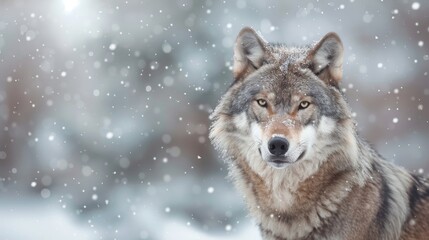 Fototapeta premium A close-up photograph of a gray wolf standing in a snowy forest, its fur blending with the falling snowflakes