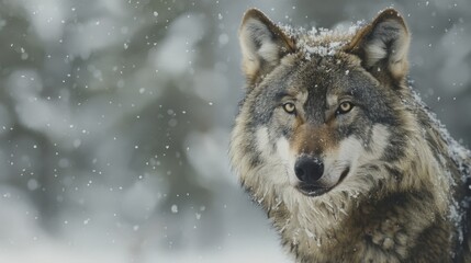 Obraz premium A close-up portrait of a majestic gray wolf with its fur blending into the snowy backdrop of a winter forest