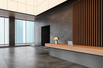 Modern lobby with a wooden reception desk, minimalist design, gray stone walls, and large windows, business ambiance.  3D Rendering