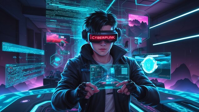 Cyberpunk hacker in virtual reality with holographic code