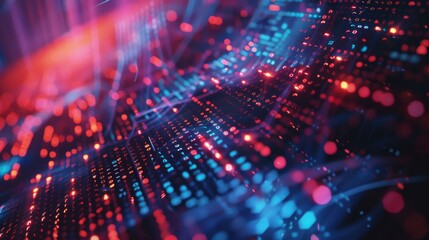 A close-up shot of a digital interface displaying a pixelated data stream with glowing binary code elements