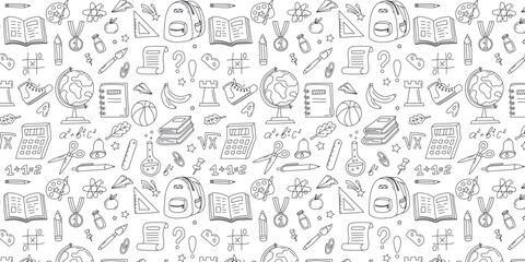 Back to school doodle seamless pattern with school supplies. Hand drawn vector school background. Suitable for banners, flyers, advertising, packaging, textiles, covers © Marivolkoff