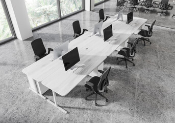 Top view of business interior with coworking and glass conference room, pc computer on grey wooden desks and armchairs in row. Panoramic window on tropics. 3D rendering