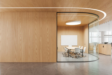Wooden office interior with conference and coworking spaces, window. Copy space