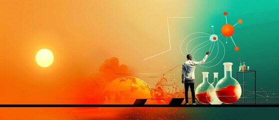 Entrepreneur presenting a business strategy with a chemical reaction backdrop, scientific business approach, dynamic presentation