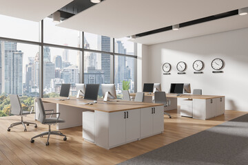 Modern office interior with desks and chairs, bright lighting, city skyline visible through large windows, concept of a co-working space. 3D Rendering