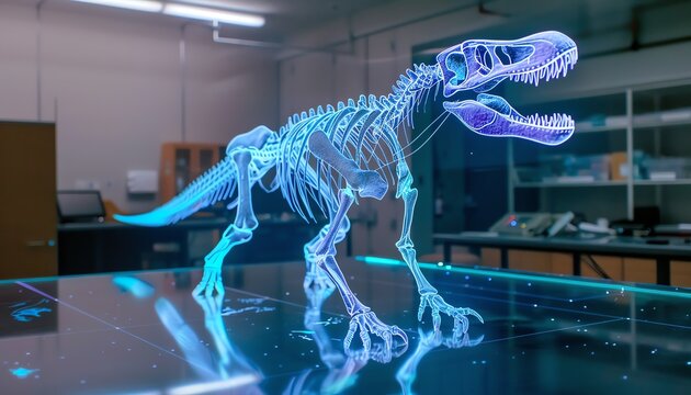 Holographic projection of a prehistoric creature in a paleontology lab, ancient science, interactive paleontology