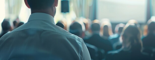 Design a semi-close-up image of a male office worker giving a presentation at an external seminar, with a professional setting and plenty of copy space.