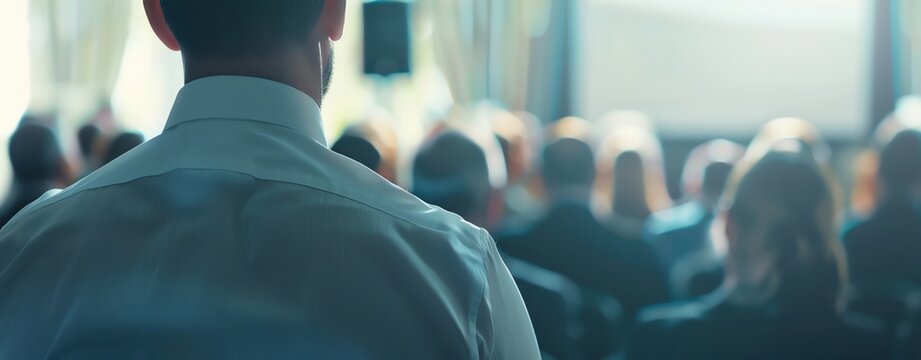 Design a semi-close-up image of a male office worker giving a presentation at an external seminar, with a professional setting and plenty of copy space.