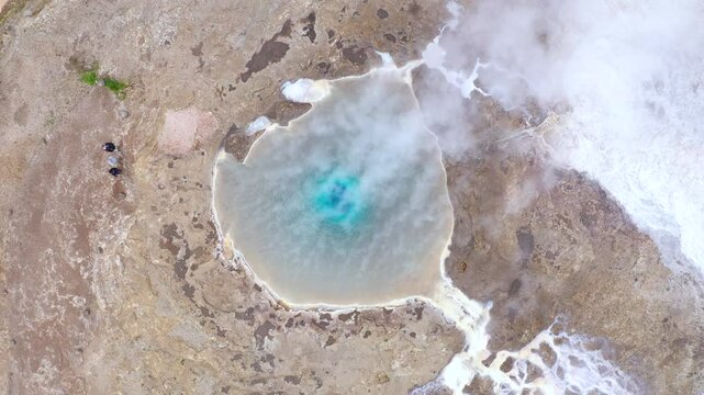  Slow motion view of Great Geyser, geysir Iceland, aerial view