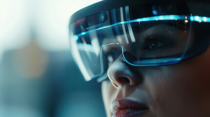 Close-up of a person wearing futuristic augmented reality glasses, showcasing advanced technology and innovative wearable devices.
