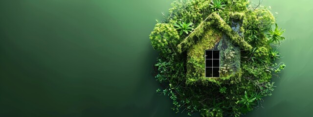  A house-shaped structure crafted from plants against a verdant backdrop Includes a window formed as a mini house