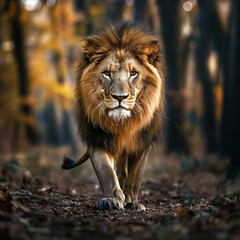 Fototapeta premium The Majestic Lion: Walking Through the Autumn Woods AI Generated