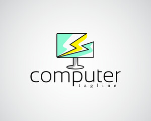 creative computer with flash fragments on it with a line concept logo for fast tech and others