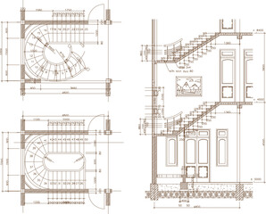 Vector sketch illustration of detailed architectural engineering design drawings for residential stairs to a size scale