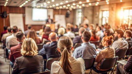 Corporate Seminar Blur: A blurred background of a corporate seminar or training session in a conference hall, with attendees.	
