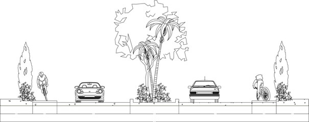 Vector sketch illustration of architectural engineering drawing design of highway section in city with plants and vehicles