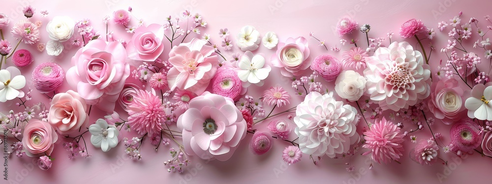 Wall mural  A pink background adorned with a cluster of pink and white blooms, accompanied by flowers on the adjacent wall in shades of white and pink - Wall murals