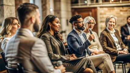 Panel Discussion Blur: A blurred background of a panel discussion in a conference hall, with panelists and a moderator.	
