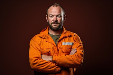 Fototapeta premium A man in an orange jumpsuit is standing with his arms crossed