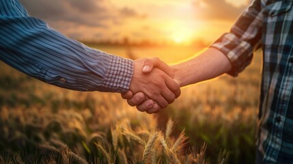 Handshake. Two farmer standing and shaking hands in a wheat field. Agricultural business